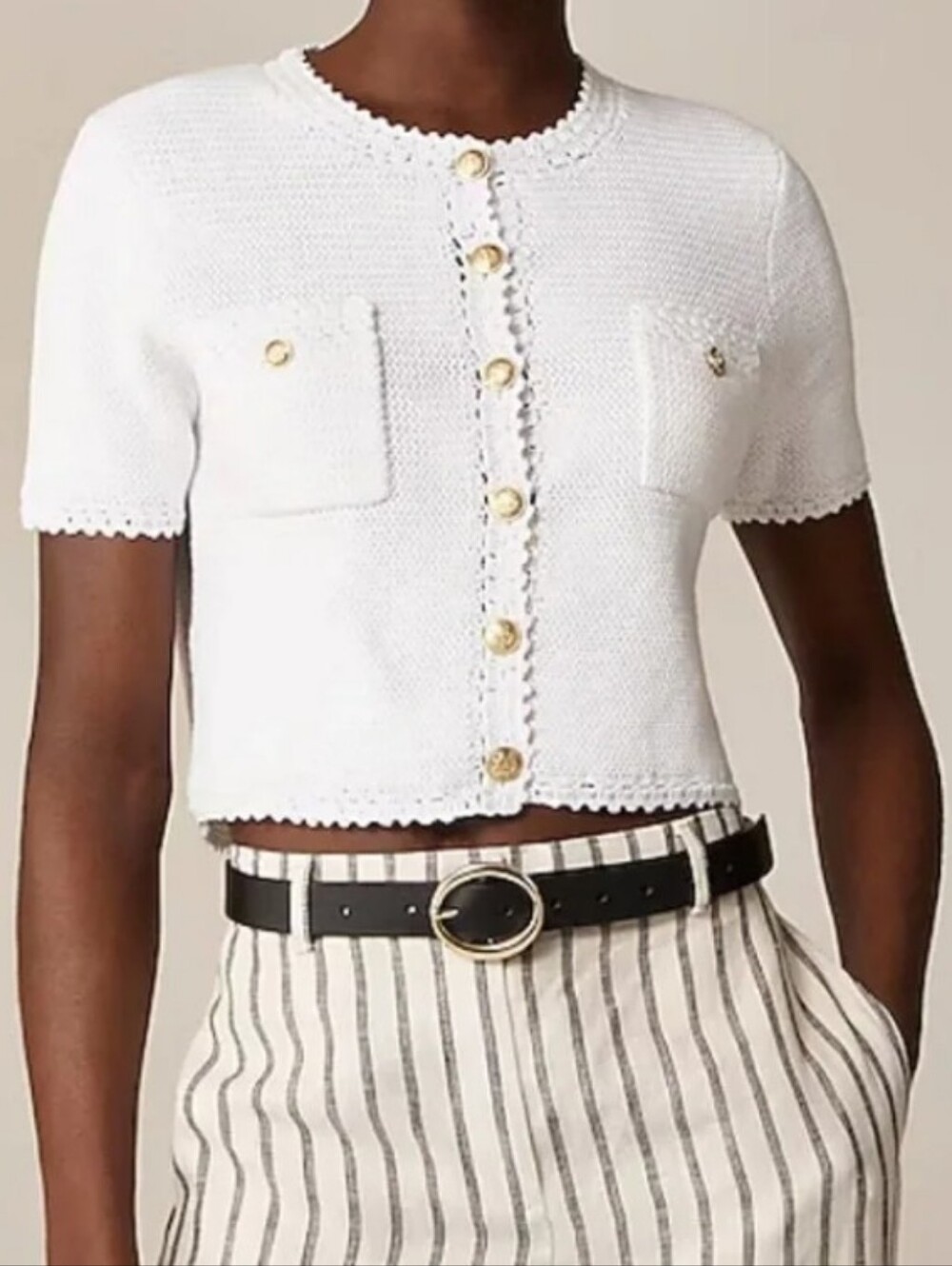 J. Crew White Short-Sleeve Knit Cardigan with Gold Buttons Sz.M